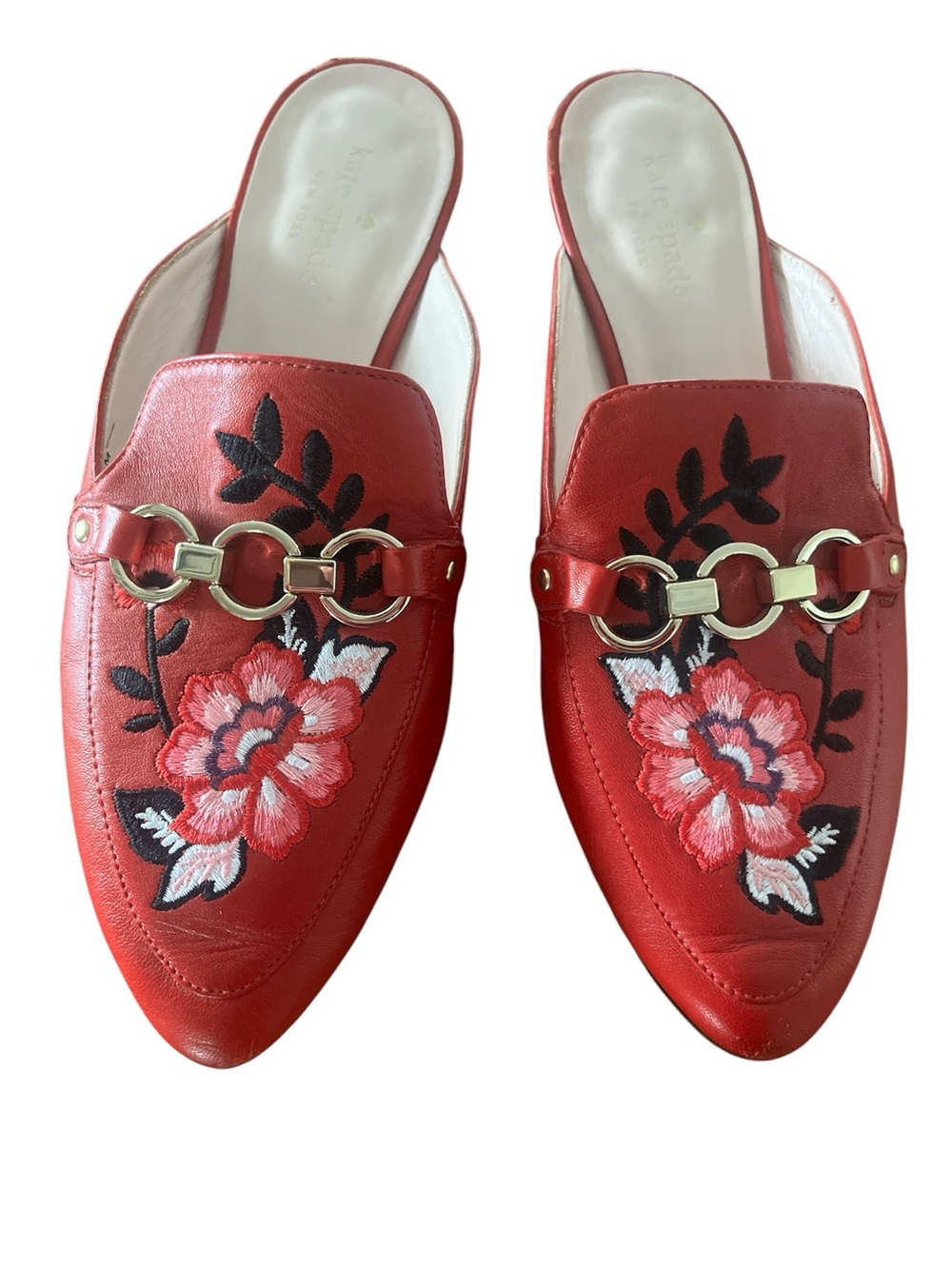 kate spade Red Floral Embroidered Leather Mule Slides with Gold Chain